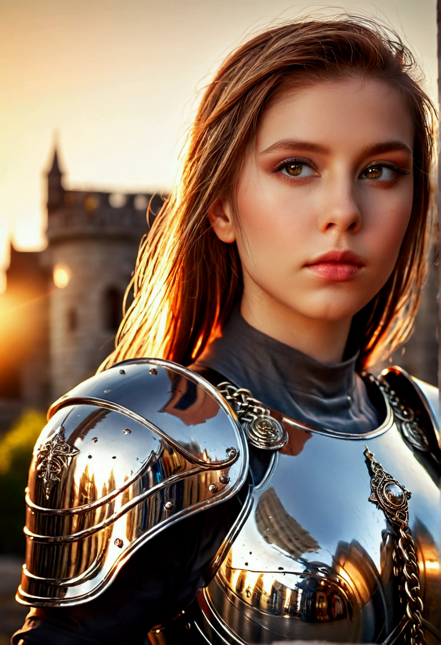 (masterpiece), (extremely intricate:1.3), (realistic), portrait of a girl, the most beautiful in the world, (medieval armor), metal reflections, upper body, outdoors, intense sunlight, far away castle, professional photograph of a stunning woman detailed, sharp focus, dramatic, award winning, cinematic lighting, octane render  unreal engine,  volumetrics dtx, (film grain, blurry background, blurry foreground, bokeh, depth of field, sunset, motion blur:1.3), chainmail