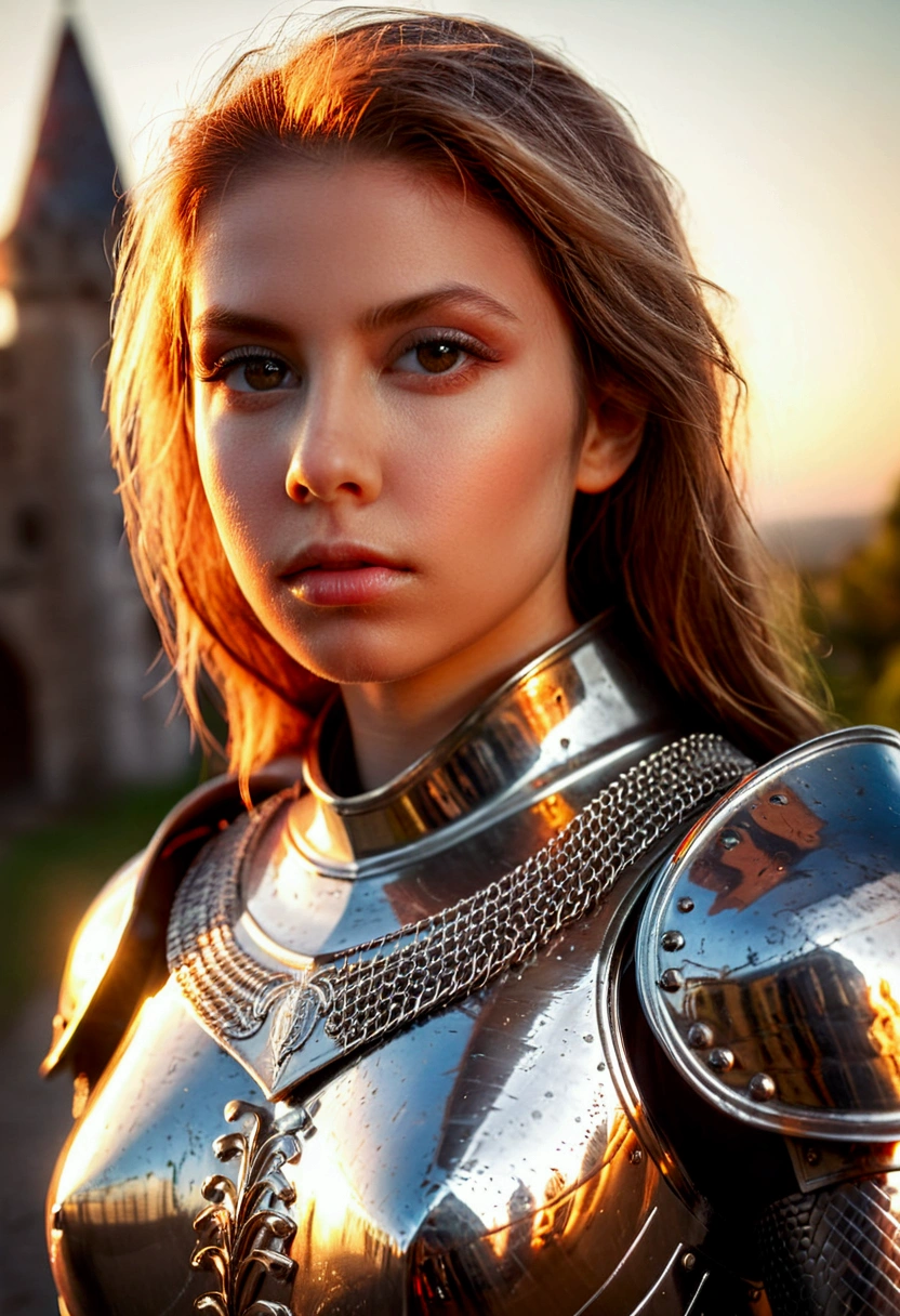 (masterpiece), (extremely intricate:1.3), (realistic), portrait of a girl, the most beautiful in the world, (medieval armor), metal reflections, upper body, outdoors, intense sunlight, far away castle, professional photograph of a stunning woman detailed, sharp focus, dramatic, award winning, cinematic lighting, octane render unreal engine, volumetrics dtx, (film grain, blurry background, blurry foreground, bokeh, depth of field, sunset, motion blur:1.3), chainmail