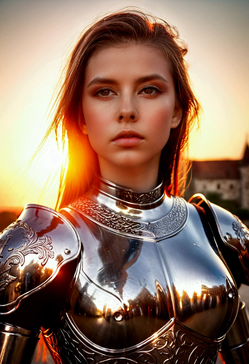 (masterpiece), (extremely intricate:1.3), (realistic), portrait of a girl, the most beautiful in the world, (medieval armor), metal reflections, upper body, outdoors, intense sunlight, far away castle, professional photograph of a stunning woman detailed, sharp focus, dramatic, award winning, cinematic lighting, octane render unreal engine, volumetrics dtx, (film grain, blurry background, blurry foreground, bokeh, depth of field, sunset, motion blur:1.3), chainmail