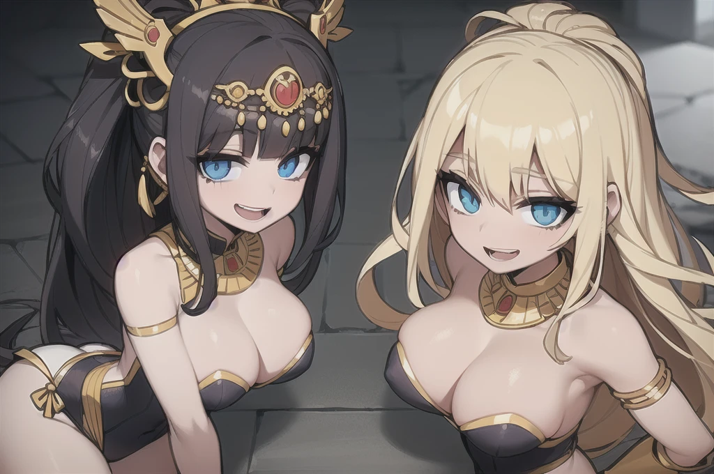 two sexy women who are wives of boy, looking at camera, happy opened mouths, portrait, various hair, egyptian goddesses outfits