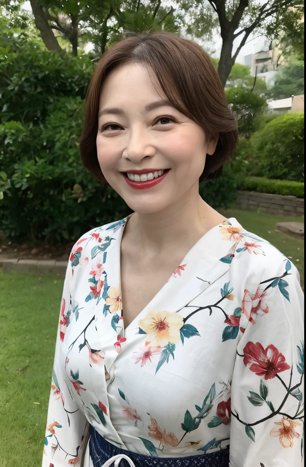  Standing in the park, Wrinkles around the eyes, Smiling with teeth showing, Japanese painting, senior citizen, Draw lips correctly, Red lipstick, No discomfort, 16K, Highest quality, Very detailed, Realistic, Very detailed肌, (Japanese), (alone), 100 years old, Large Breasts, , Glamour, sexy, Chromo White Skin, Staring straight ahead,