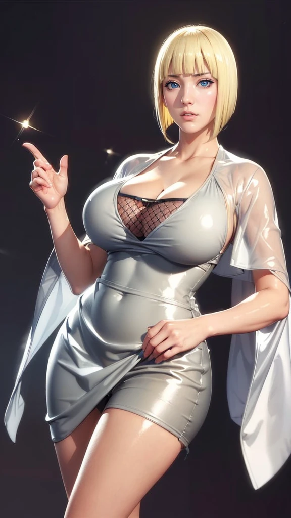 (（（Perfect body,White and tender skin,（（（BLACK KIMONO, CLEAVAGE, VAMBRACES,）））,（（（Samui, Blue eyes, blonde hair, short hair, bangs, blunt bangs,）））,((masterpiece)),high resolution, ((Best quality at best)),masterpiece,quality,Best quality,（（（ Exquisite facial features,Looking at the audience,There is light in the eyes,Poker face）））,Look up at the sky，From below）））,（（（Light and shadow,Huge breasts，Plump buttocks）））,（（（Looking at the camera,black background,)））),