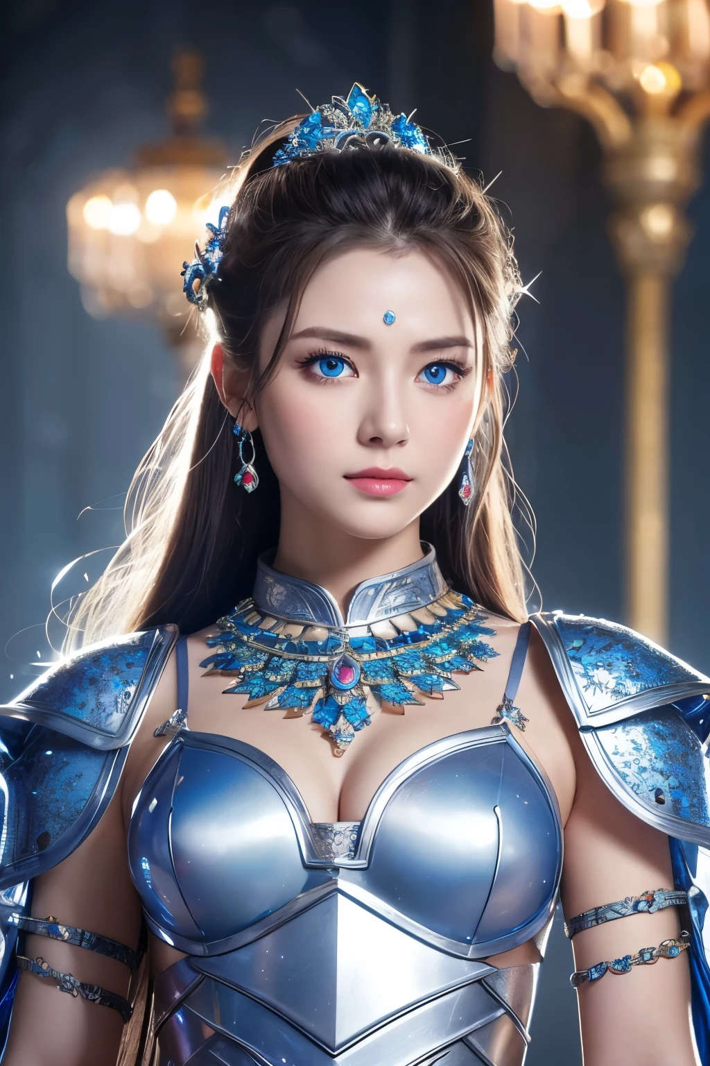 Female General、Ultra HD、High resolution、distinct、Glittering ornaments、Colorful and gorgeous jewelry、Beautiful blue eyes、Silver Armor、whole body、