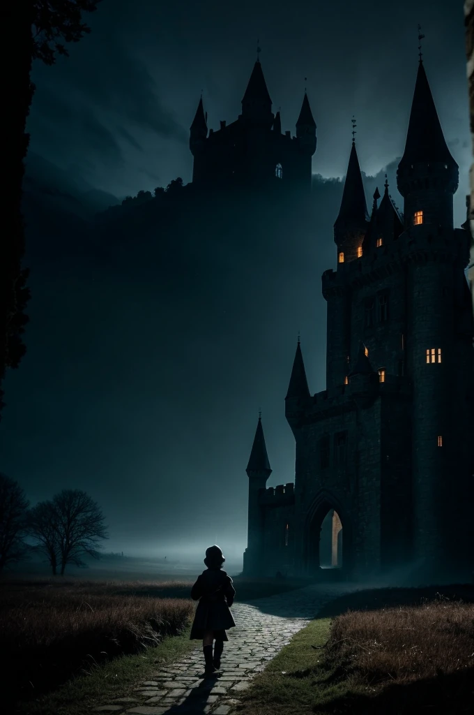 Shadow of a boy, approaching a large castle in the darkness of the night, a fantasy atmosphere. ethereal. magic. 