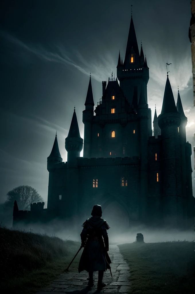 Shadow of a boy, approaching a large castle in the darkness of the night, a fantasy atmosphere. ethereal. magic. 