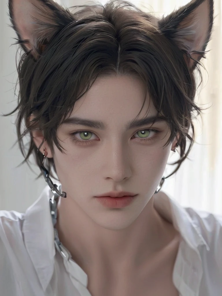 1 boy, portrait, earrings, One,lips, male focus, green eyes, I look at the viewer,Black shaggy hair, short hair, closed mouth, tall and skinny, but a muscled guy in a cage in chains. Torn white clothes. Boy . Beautiful. Yellow eyes with cat pupils. fluffy cat ears. Fantasy world.animal ears, fluffy cat ears, yellow eyes, short hair, Hair in front of ears, accuracy, a high resolution, masterpiece, realistic anatomy, Best quality, high quality, very detailed,