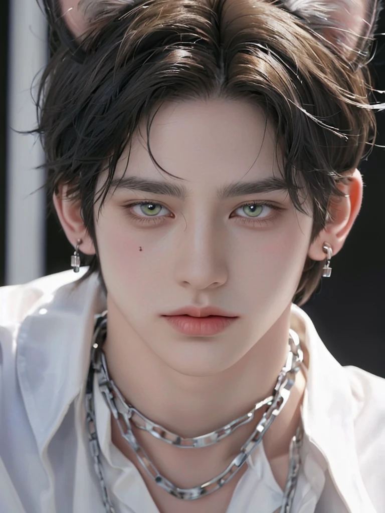 1 boy, portrait, earrings, One,lips, male focus, green eyes, I look at the viewer,Black shaggy hair, short hair, closed mouth, tall and skinny, but a muscled guy in a cage in chains. Torn white clothes. Boy . Beautiful. Yellow eyes with cat pupils. fluffy cat ears. Fantasy world.animal ears, fluffy cat ears, yellow eyes, short hair, Hair in front of ears, accuracy, a high resolution, masterpiece, realistic anatomy, Best quality, high quality, very detailed,