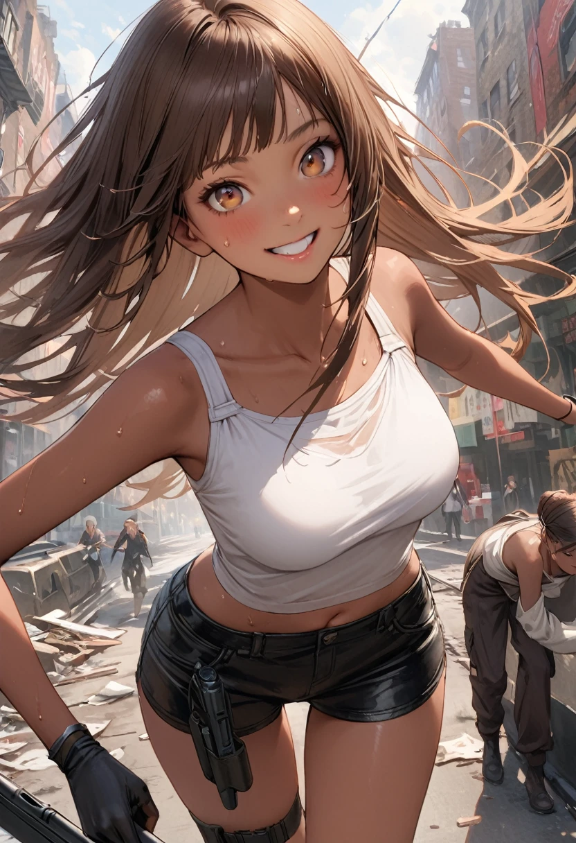 Dynamic gun action scenes、Woman shooting down zombieasterpiece,Highest quality:1.3,best quality illustration)),(realistic),cowboy shot,独奏,1woman,25 year old beauty,brown hair,long hair,bangs,brown eyes,(gorgeous big eyes),((very small head:1.3)),A strong smile,((very long body:1.2,skinny)),((tan skin:1.4)),medium breasts,White tube top bra、navel,Black leather micro shorts、With leg holster,gleaming skin,slender body,sweat,standing,Collapsed Buildings、on street,New York City、Resident Evil World、