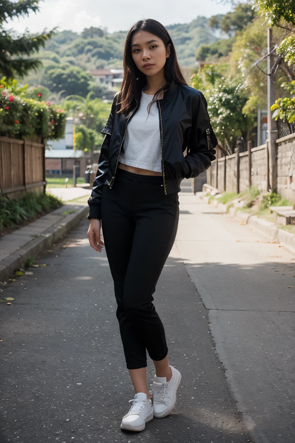 Create a highly lifelike portrait of an Indonesian woman wearing a bomber jacket, black pants, and white shoes. The background features a picturesque hill with lush greenery, captured at midday to highlight the natural lighting and atmosphere.