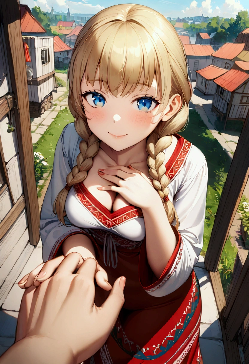 1 girl with long blonde hair, hair braided into two braids, Blue eyes, A curious face, smile,medium breasts, white Slavic dress, holds his hands to his chest, Slavic village in the background, view from above, ass pov