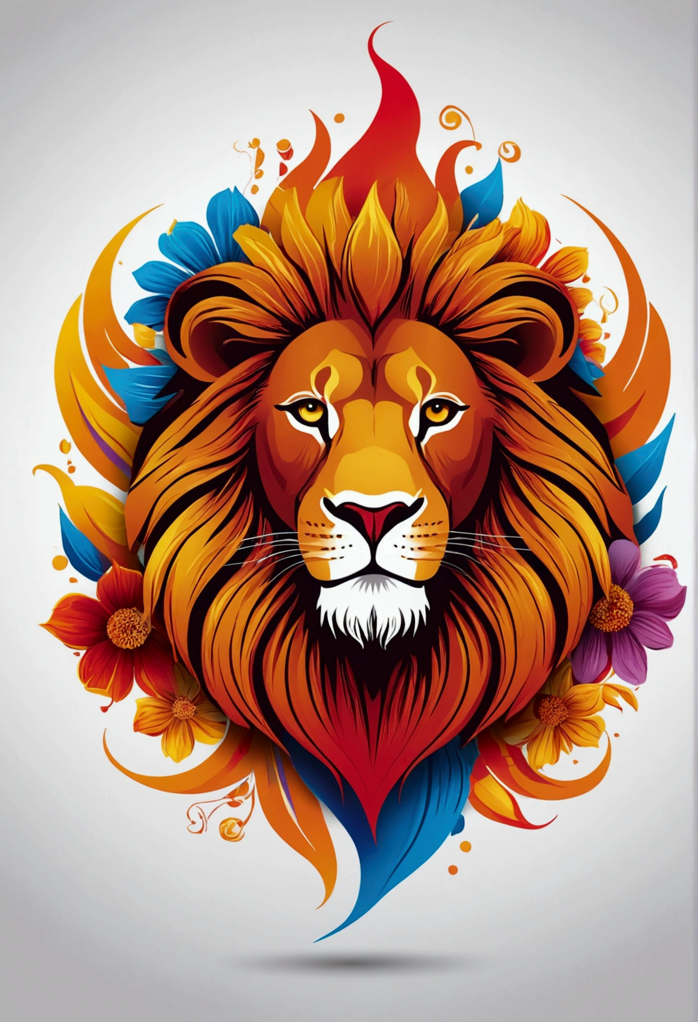 ::style vetor, lion vector logo, colorful color, cor ultrarealistic, soon in (((round format), flowers, fire flames around the logo,  white image background ::n_style,  logo with Deformations, ultrarealistic, 32K