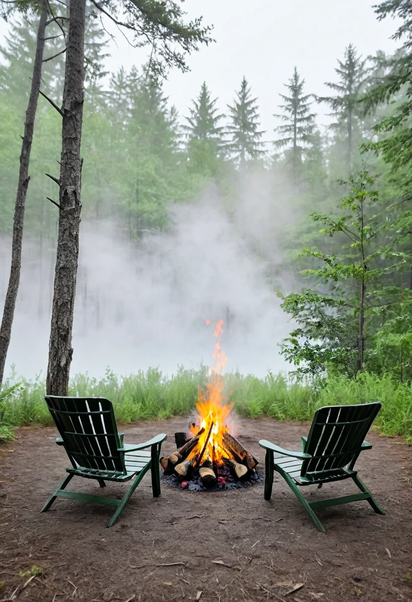 Two chairs with campfire in the middle, background forest with fog 5%