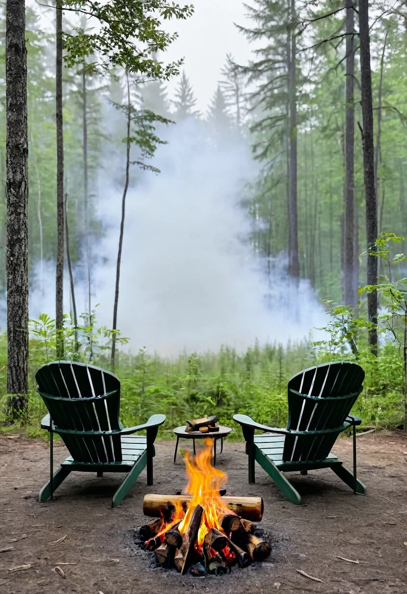 Two chairs with campfire in the middle, background forest with fog 5%