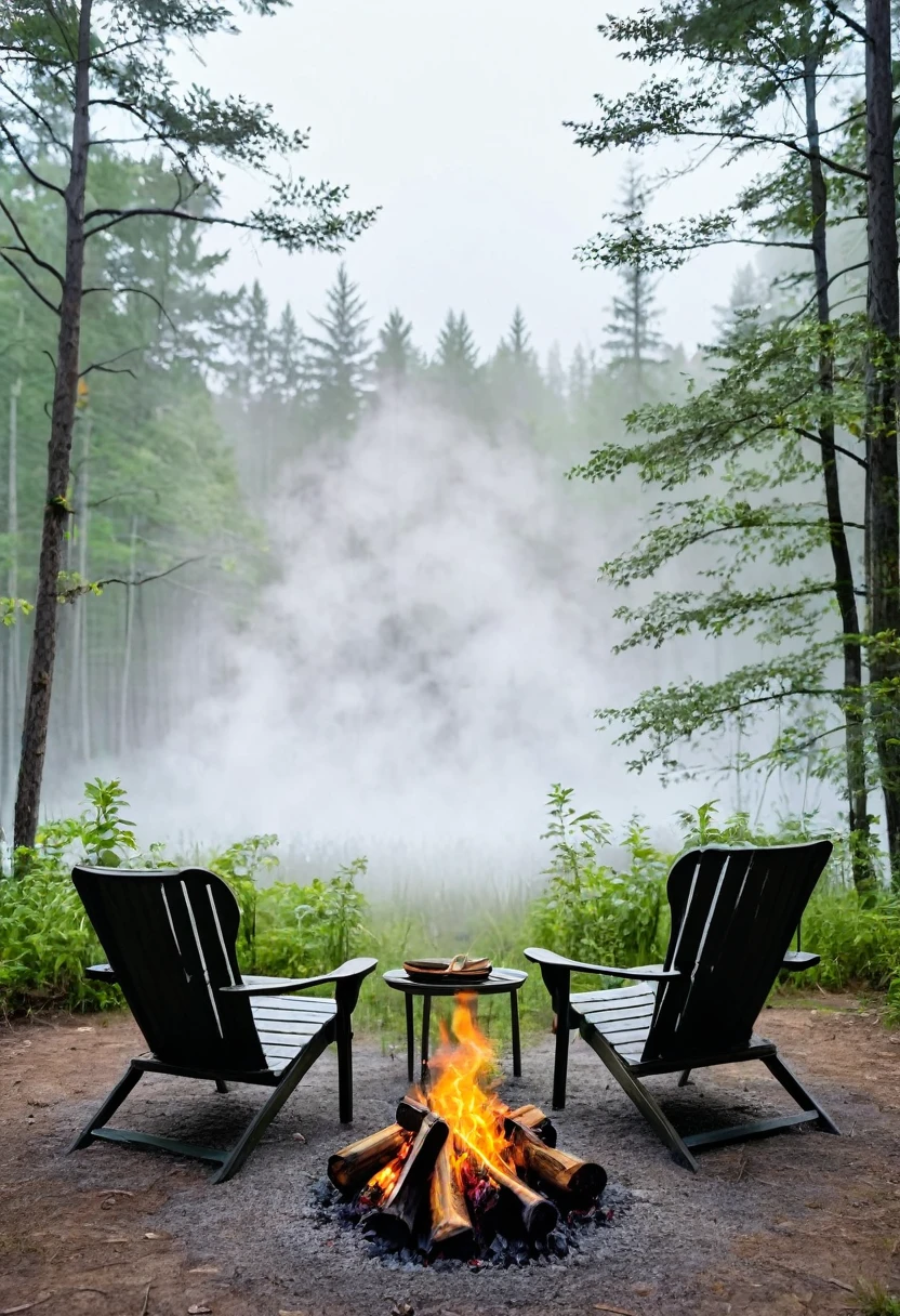 Two chairs with campfire in the middle, background forest with fog 5%