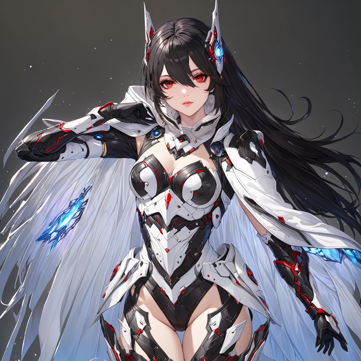 masterpiece, best quality, good quality, Highly detailed, shadowverse style, female, red eyes, white with black hair mix, modern fantasy sci-fi aesthethic
