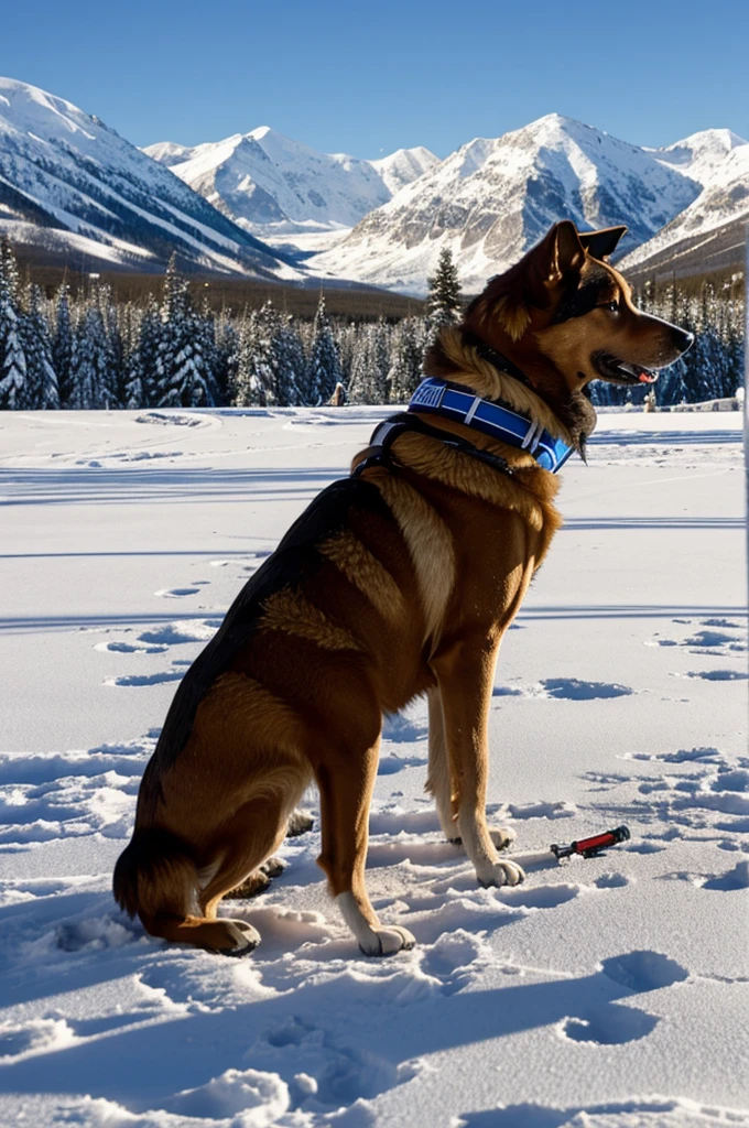Shooting a gun on a snowy mountain. Hockey dog