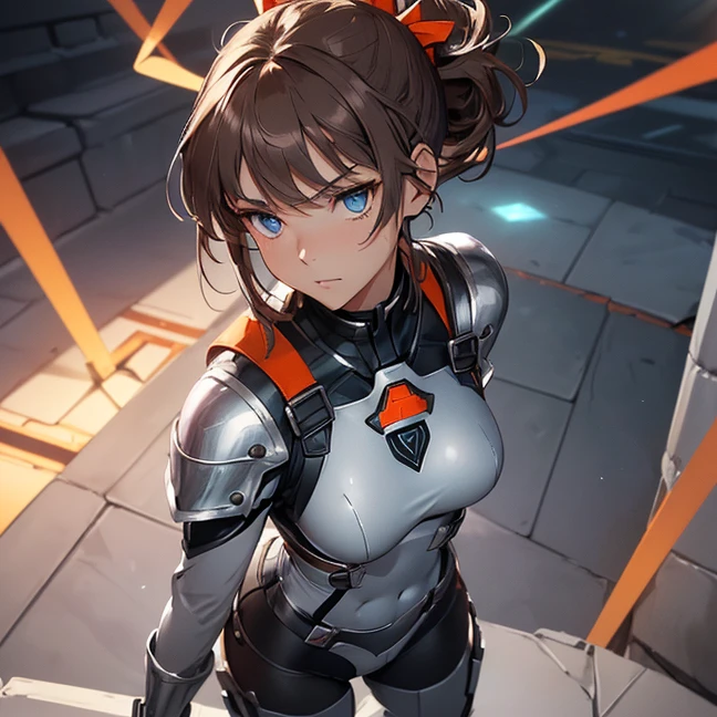 Absurdres, master piece, best high quality image, Science fiction genre, carefully detailed artwork, carefully detailed image, no deformity, solo alone character, full body view
{{(1character: 20 years old brown haired human futuristic medic girl, (beautiful blue eyes, fair skin, absolutely beautiful, brown hair tied in short ponytail with green ribbon, serious demeanor, guard position), (silver battle helmet, red bodysuit, silver battle armor, silver breast plate, silver shoulder plates, silver long boots, silver hip armor, silver crotch armor, black heavy laser pistol), (orange alien valley, purple ground spikes))}}