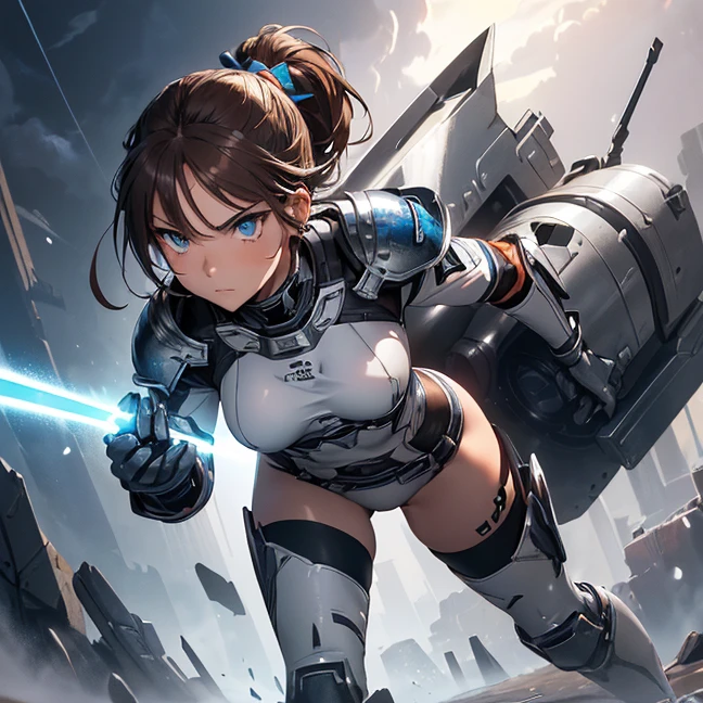 Absurdres, master piece, best high quality image, Science fiction genre, carefully detailed artwork, carefully detailed image, no deformity, solo alone character, full body view
{{(1character: 20 years old brown haired human futuristic medic girl, (beautiful blue eyes, fair skin, absolutely beautiful, brown hair tied in short ponytail with green ribbon, serious demeanor, guard position), (silver battle helmet, red bodysuit, silver battle armor, silver breast plate, silver shoulder plates, silver long boots, silver hip armor, silver crotch armor, black heavy laser pistol), (orange alien valley, purple ground spikes))}}