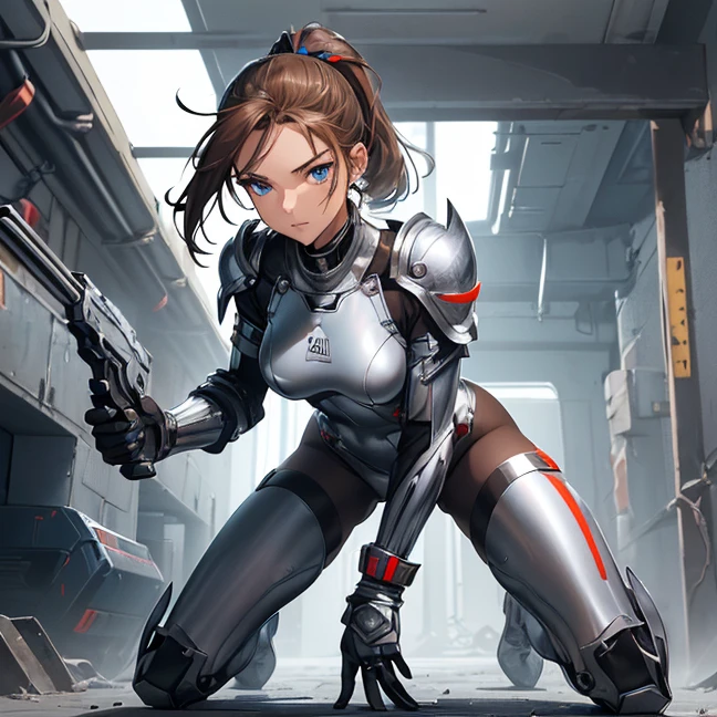 Absurdres, master piece, best high quality image, Science fiction genre, carefully detailed artwork, carefully detailed image, no deformity, solo alone character, full body view
{{(1character: 20 years old brown haired human futuristic medic girl, (beautiful blue eyes, fair skin, absolutely beautiful, brown hair tied in short ponytail with green ribbon, serious demeanor, guard position), (silver battle helmet, red bodysuit, silver battle armor, silver breast plate, silver shoulder plates, silver long boots, silver hip armor, silver crotch armor, black heavy laser pistol), (orange alien valley, purple ground spikes))}}