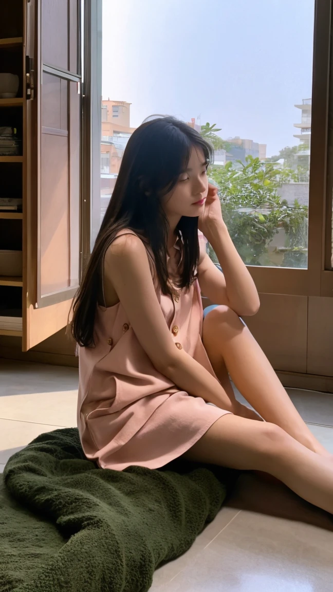 The photo features a young woman with shoulder-length hair. Beauty girl, She is wearing a light pink sleeveless nightgown with a few buttons on the top. The woman is sitting on the edge of a flat surface, possibly near a window or balcony, with her left hand resting beside her and her right leg slightly bent. In the background, there is a green potted plant and part of an indoor space illuminated by lamp light. The overall atmosphere of the photo appears calm and relaxed.