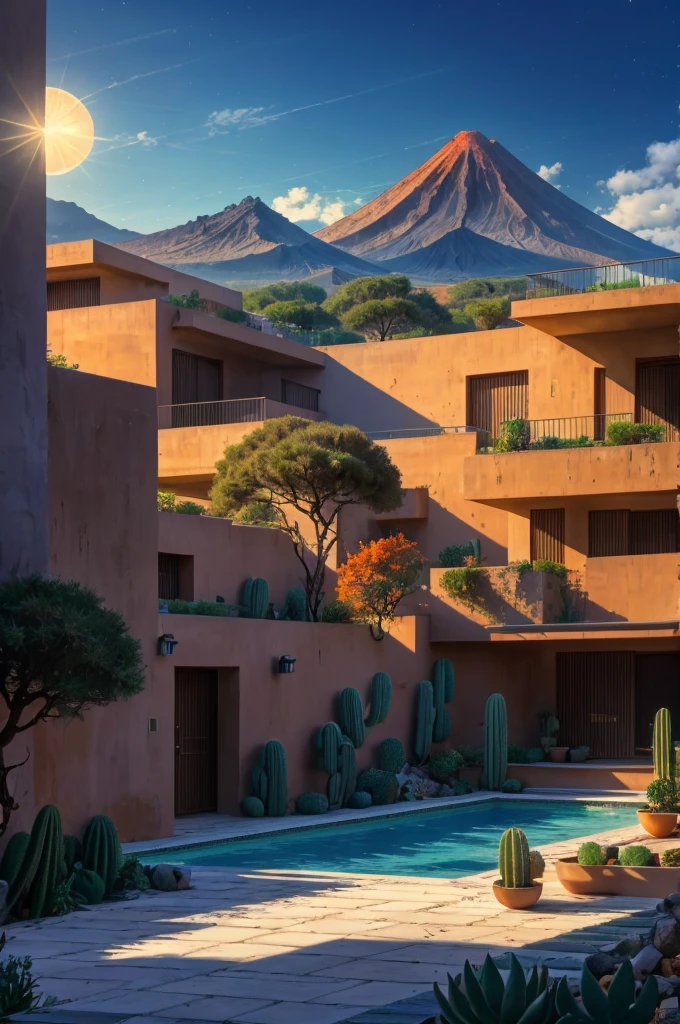Multiple houses, brutalism style, Luis Barragán, Mountains in background, river, pool, terraces, stairs, garden terraces, trees, beautiful clouds, moon, sun, detailed, cacti, boulders, volcanic rocks, fuggy, Violet, orange, olive green, blue, magenta, amazing volcano in horizont, beautiful garden design