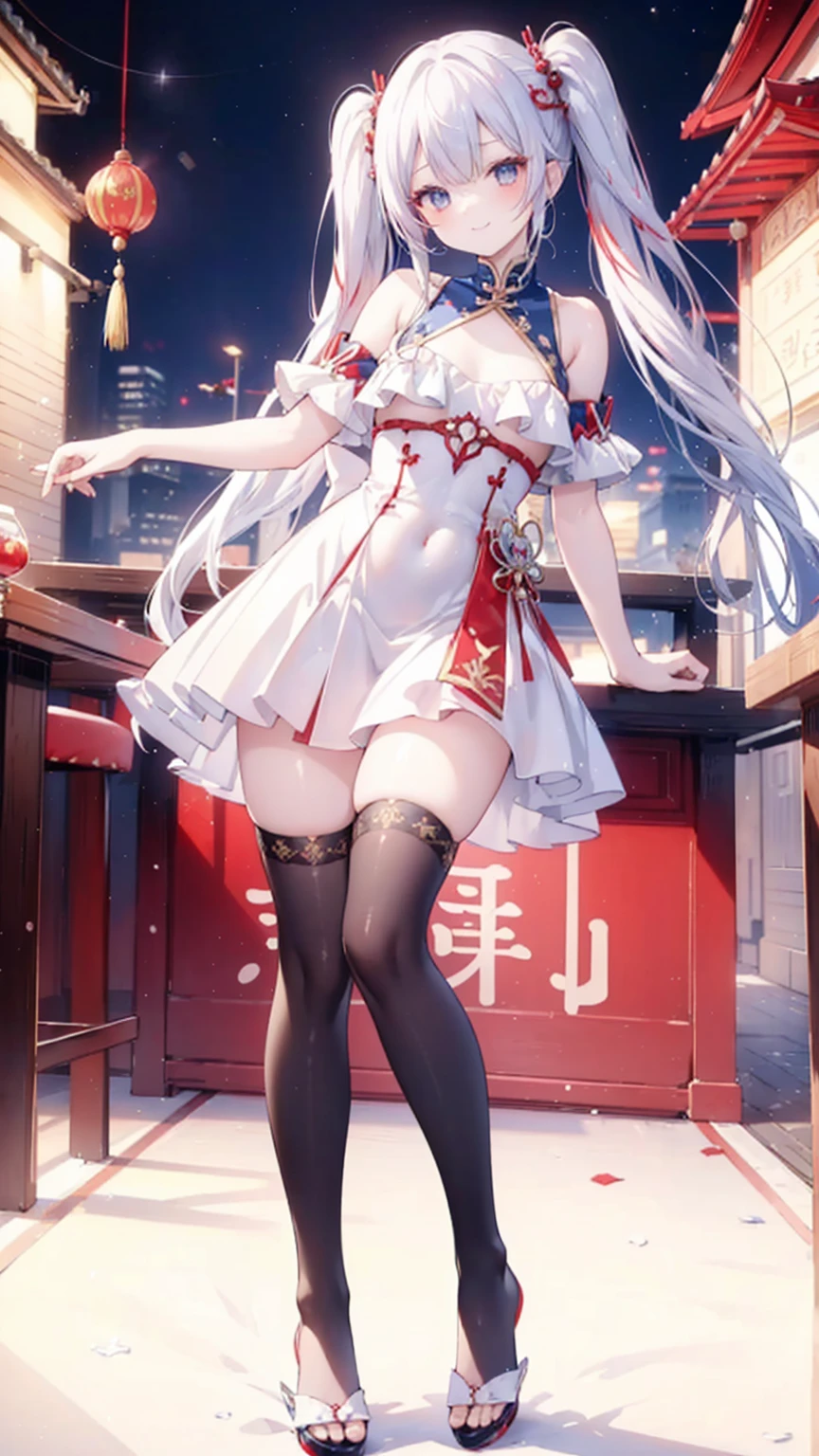 Silver Hair、Twin tails、Red gradient hair、Navy blue hair ornament、Golden hair ornament、Red and navy blue odd eyes、smile、Grown-up、White Chinese Dress、red decoration、Navy blue decoration、Golden decoration、Silver decoration、Shoulder Bare、Chest、tights、Chinatown