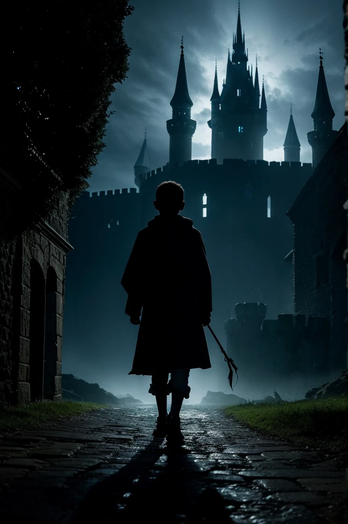 A shadow of a boy in civilian clothes, approaching a large castle in the darkness of the night, a fantasy atmosphere. ethereal. magic.
