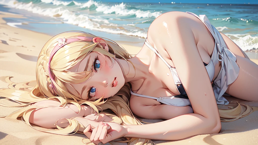 1girl, solo, elegant hair (upper body: 1.1), (side at the viewer: 1.1),Piped Splice Wide Strap One Piece Swimsuit , filmg , sweet_lolita, Best quality, masterpiece, blond hair, blue eyes, Exquisite mouth,Very detailed face, blush, Shiny wet skin, Pink lips, Delicate lips, beach background, splashing in the water