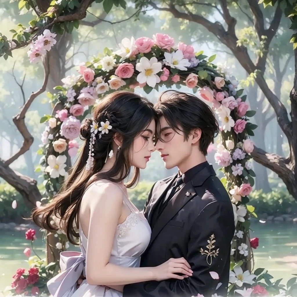 A couple lying in the flowers，Handsome guy hugs beautiful girl from behind，Wearing a dress，Boys in suits，Perfect face perfect hands，Sweet atmosphere，bust