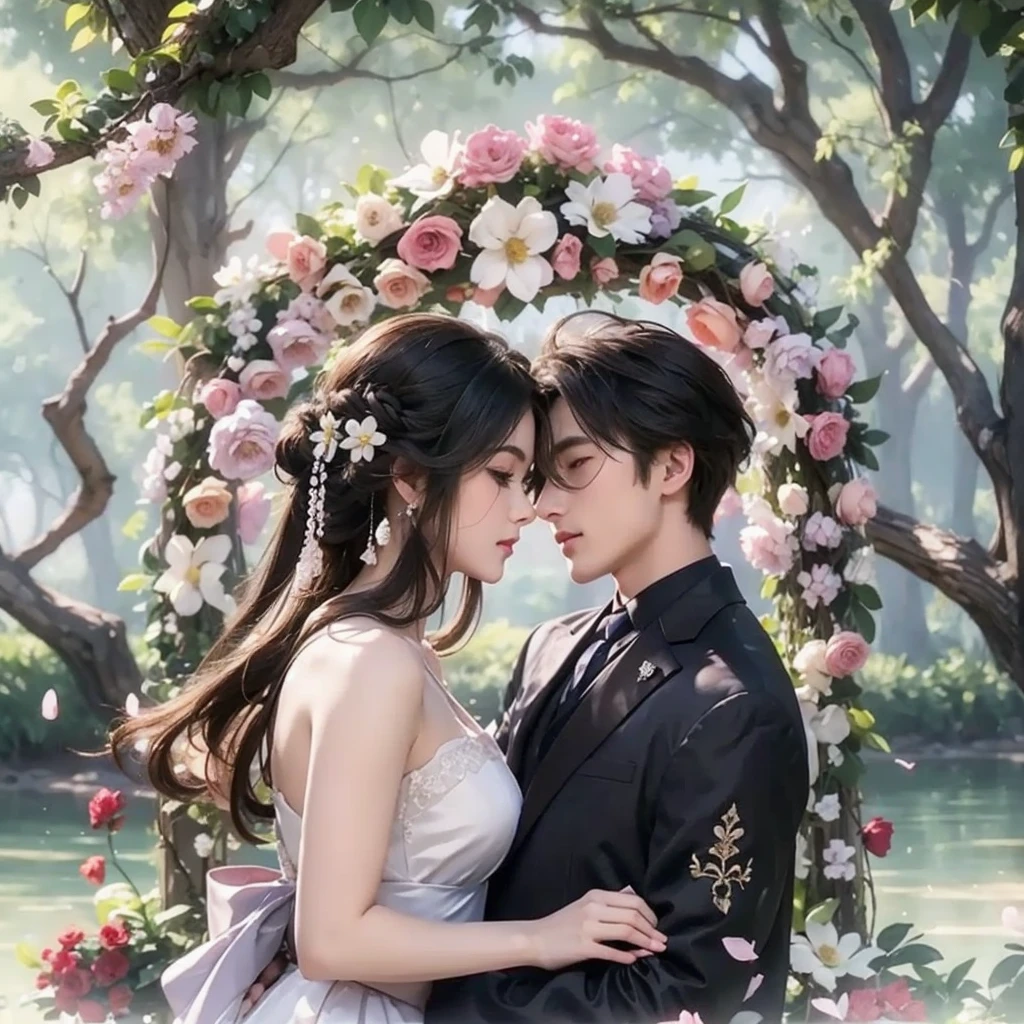 A couple lying in the flowers，Handsome guy hugs beautiful girl from behind，Wearing a dress，Boys in suits，Perfect face perfect hands，Sweet atmosphere，bust