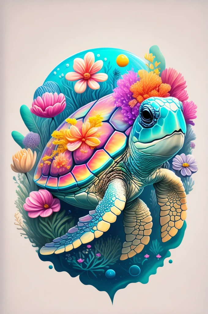 Chibi sea turtle, air bubble, flowers, vivid color, splash of color, cute, illustrator, digitl art, image for t-shirt design