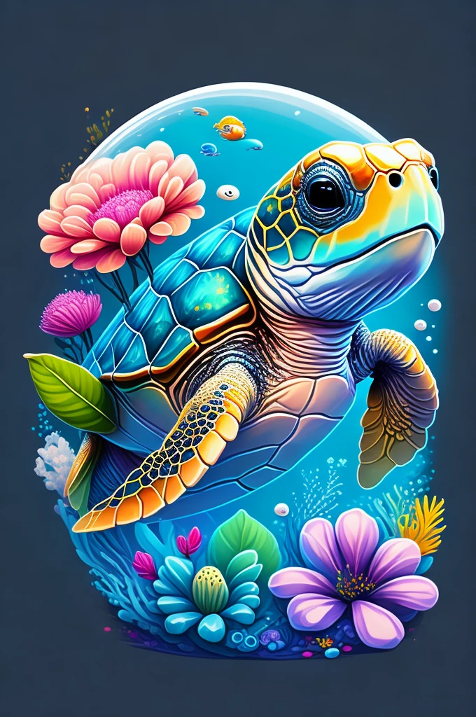 Chibi sea turtle, air bubble, flowers, vivid color, splash of color, cute, illustrator, digitl art, image for t-shirt design