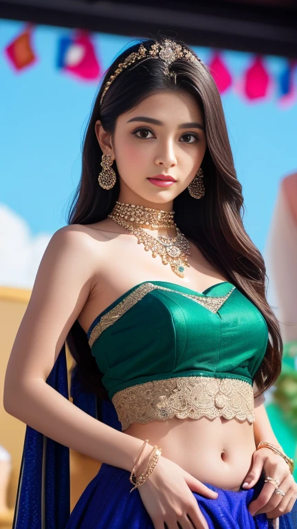 ((Medium breasts, )), (Well-defined abs : 1.1), (Perfect body : 1.1), full-length photo, (Ripped tube top:1.3), (Extremely detailed CG 8k wallpaper), (Extremely delicate and beautiful), (masterpiece), (best quality:1.0), Delicate skin, Extremely detailed photorealistic, 1girl, ((slim body)), long hair, gradient hair, solo, detailed eyes, jewelry, bracelet, choker, small breasts, looking at viewer, realistic, necklace, (((green princess))), long skirt, thigh highs, green cape, sardine, lace, evening, sunlight, clouds, in the sky, clouds, realistic sun light,, detailed, upper body,4K, Ultra-high resolution, masterpiece, 1 girl, Nice face, Fine grain, Detailed lips, Very long hair, Straight hair, Very long hair, Beautiful Hair, hair Decorations, hair band, Gradient Hair, ((Indigo Lehenga)), ((Bridal Lehenga)), ((Decorative blouse)), sardine, ((Lehenga Jewelry)), ((Indigo lace)), ((Diamond Bracelets)), ((meanwhile)), Decorations, necklace, Earrings, high intensity lighting, ((Bare Belly)), Wedding Stage, Fujicolor, Depth of written boundary, Ray Tracing, Ultra-Realistic Details,