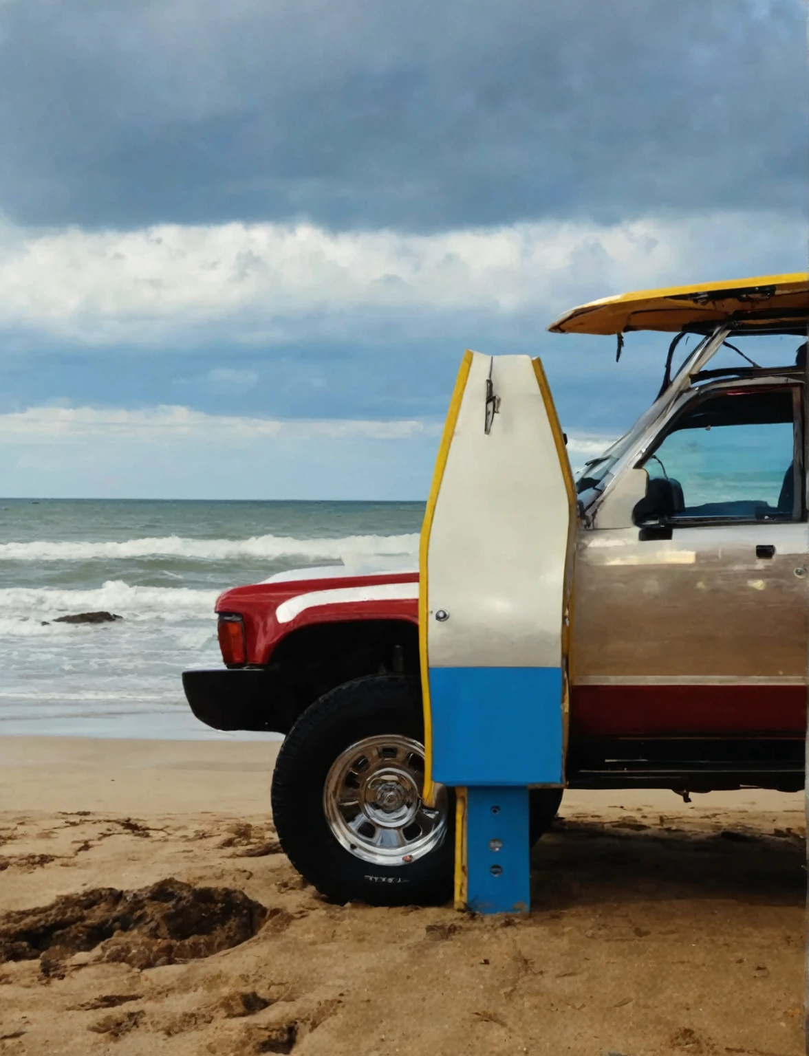 4runner1, (quartering in view), (red:1.9) body, lifted, modified, topper off, ((chrome stock spoke wheels):1.9), blue sky, driving on the (beach:0.8), (ocean0.8), (sunset:0.8),8k, uhd, dslr, perfect focus, erupting (volcano:1.8), lava,