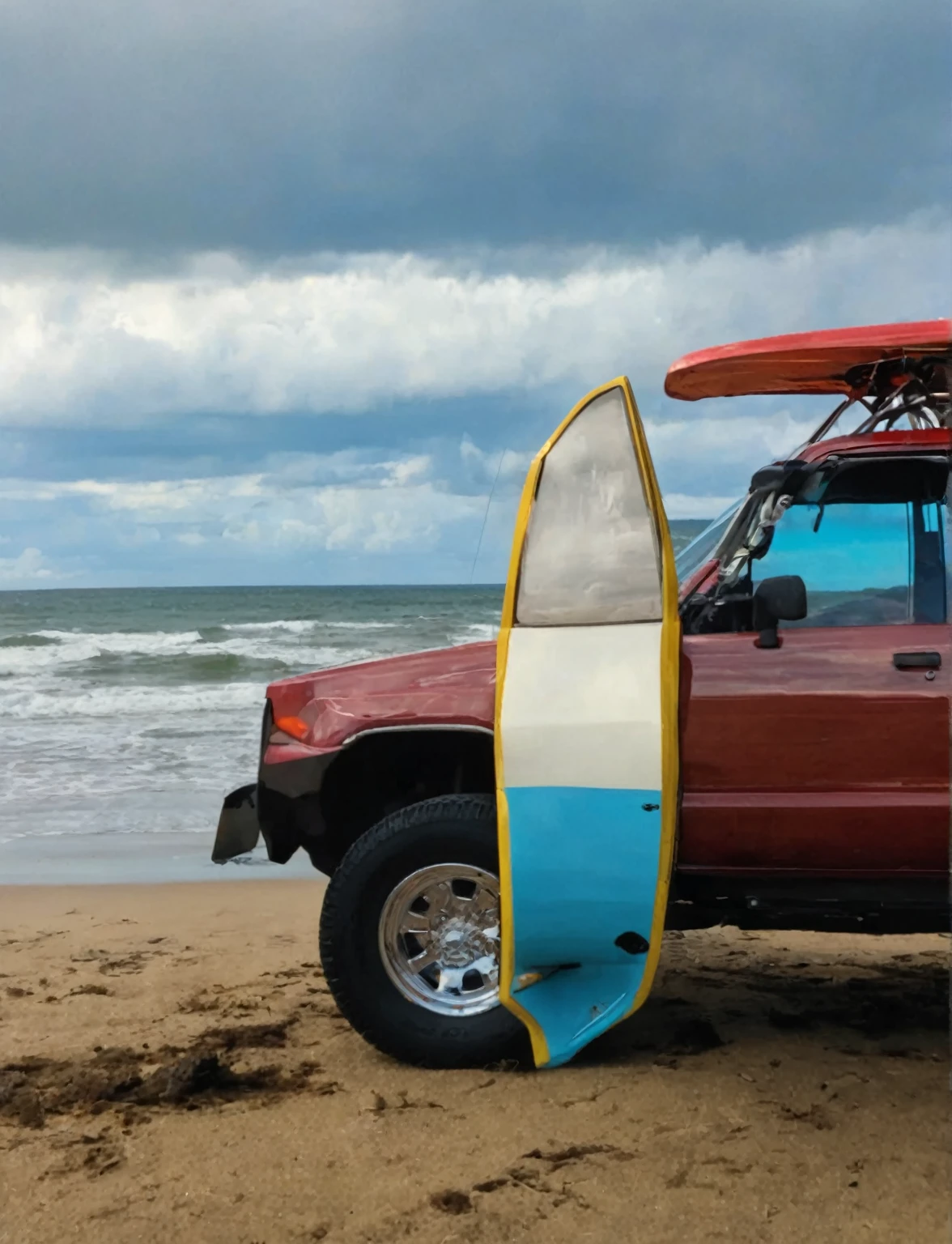 4runner1, (quartering in view), (red:1.9) body, lifted, modified, topper off, ((chrome stock spoke wheels):1.9), blue sky, driving on the (beach:0.8), (ocean0.8), (sunset:0.8),8k, uhd, dslr, perfect focus, erupting (volcano:1.8), lava, 