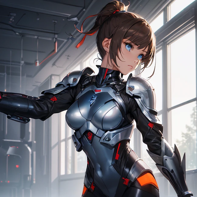 Absurdres, master piece, best high quality image, Science fiction genre, carefully detailed artwork, carefully detailed image, no deformity, solo alone character, full body view, mass effect-aesthetic
{{(1character: 20 years old brown haired human futuristic medic girl, (beautiful blue eyes, fair skin, absolutely beautiful, brown hair tied in short ponytail with green ribbon, serious demeanor, guard position), (silver battle helmet, red bodysuit, silver battle armor, silver breast plate, silver shoulder plates, silver long boots, silver hip armor, silver crotch armor, black heavy laser pistol), (orange alien valley, purple ground spikes))}}