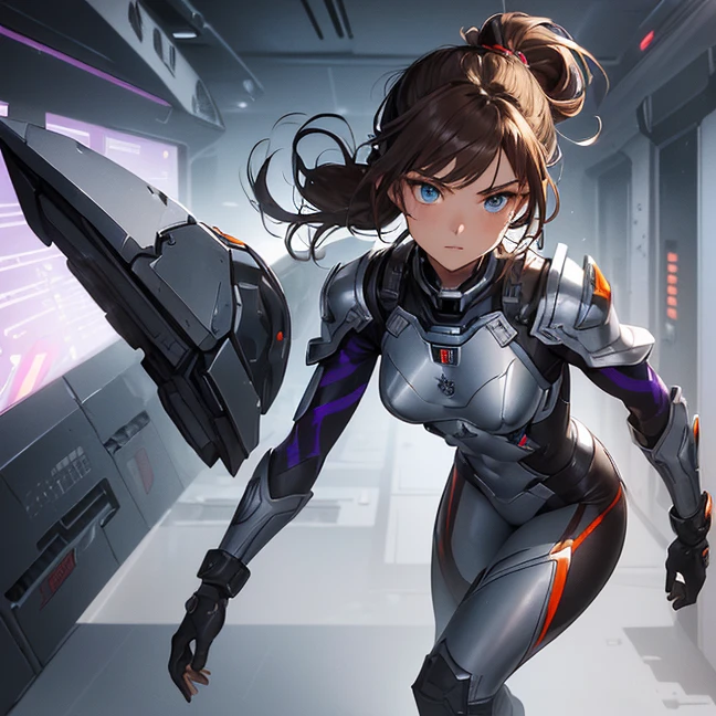 Absurdres, master piece, best high quality image, Science fiction genre, carefully detailed artwork, carefully detailed image, no deformity, solo alone character, full body view, starcraft-aesthetic
{{(1character: 20 years old brown haired human futuristic medic girl, (beautiful blue eyes, fair skin, absolutely beautiful, brown hair tied in short ponytail with green ribbon, serious demeanor, guard position), (silver battle helmet, red bodysuit, silver battle armor, silver breast plate, silver shoulder plates, silver long boots, silver hip armor, silver crotch armor, black heavy laser pistol), (orange alien valley, purple ground spikes))}}