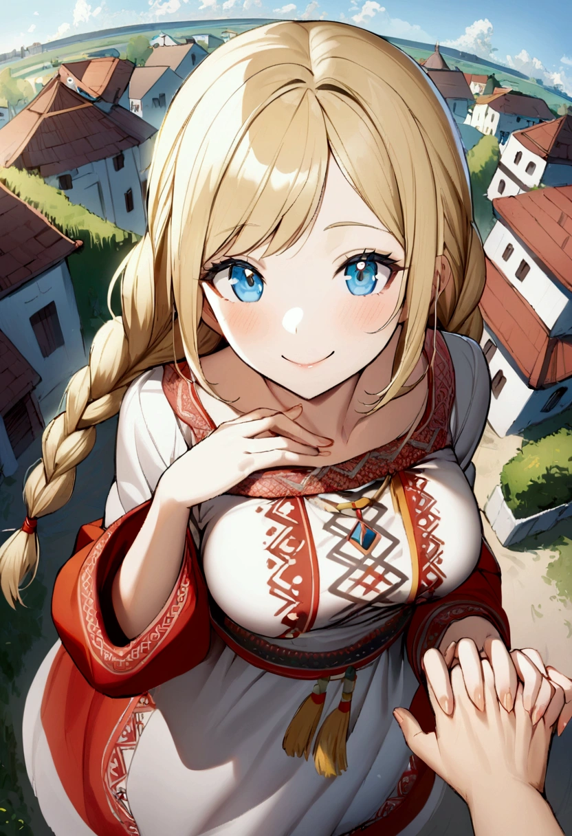 1 girl with long blonde hair, hair braided into two braids, Blue eyes, A curious face, smile,medium breasts, white Slavic dress, holds his hands to his chest, Slavic village in the background, view from above, ass pov