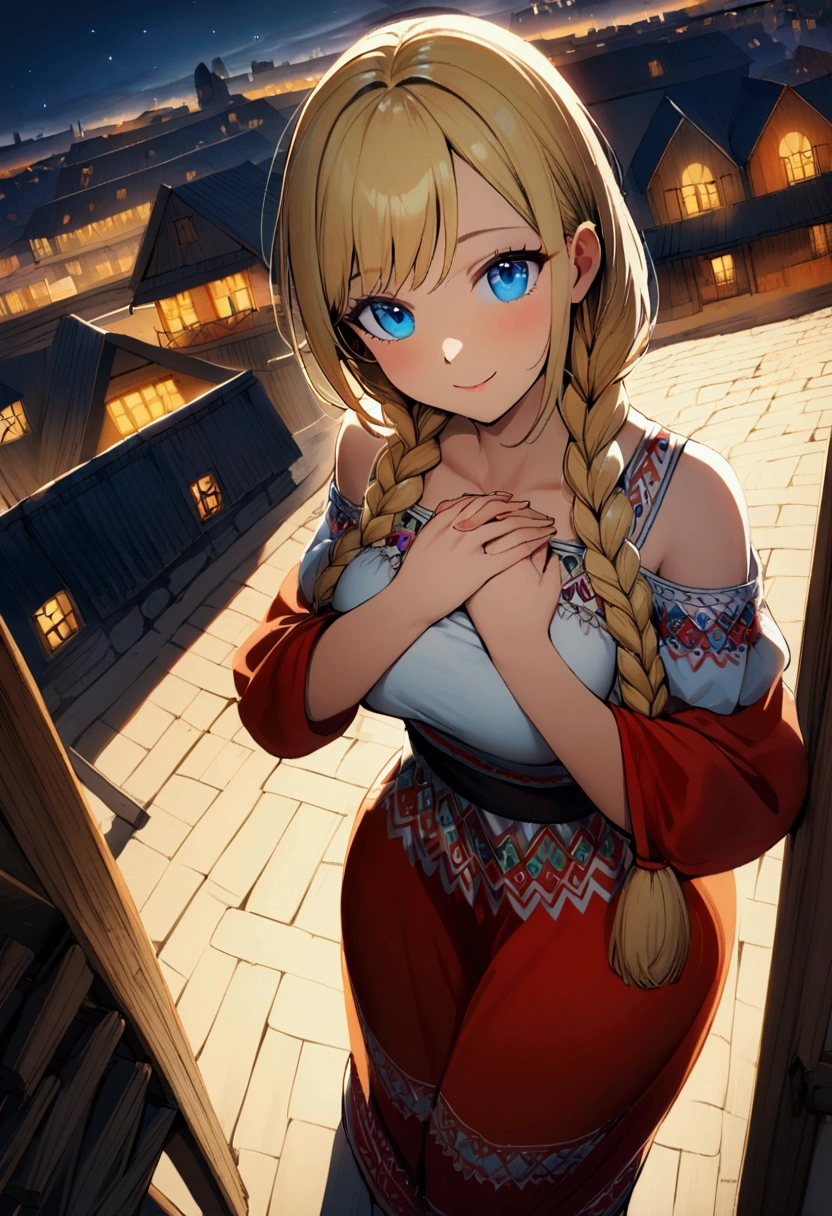 1 girl with long blonde hair, hair braided into two braids, Blue eyes, A curious face, smile,medium breasts, white Slavic dress, holds his hands to his chest, Slavic village in the background, view from above, 