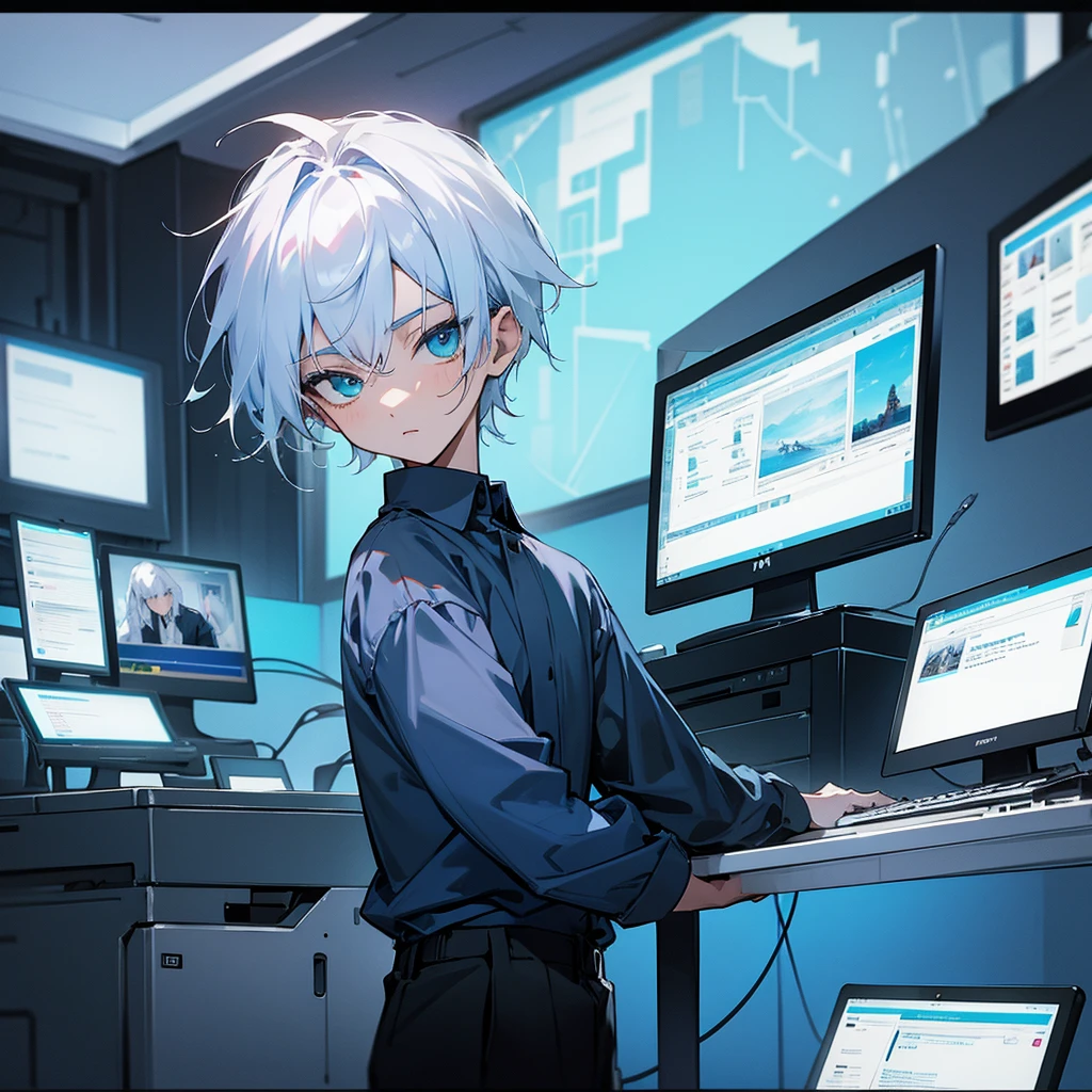  boy, dark blue shirt, bluish white hair, greeneyes, black pants, in the room using the computer alone, looking directly at the monitor