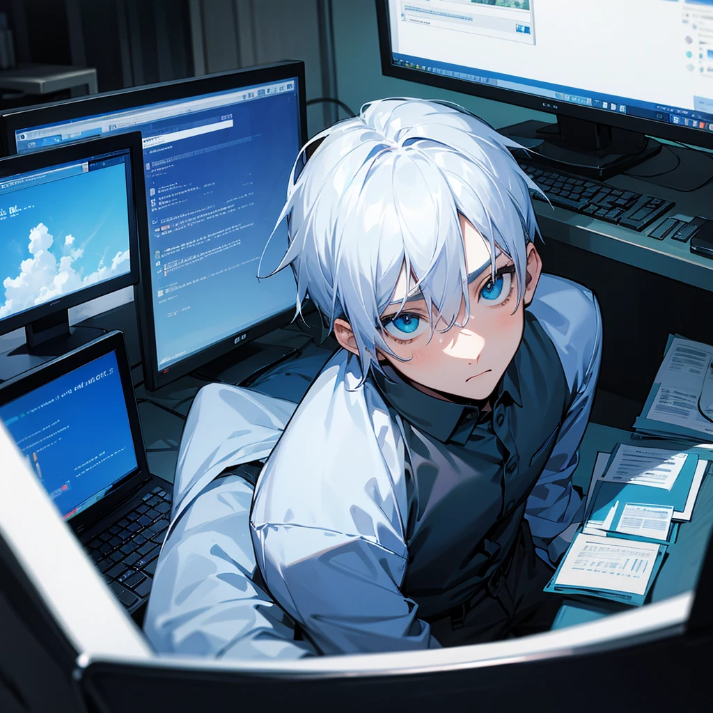 teenage boy, dark blue shirt, bluish white hair, greeneyes, black pants, in the room using the computer alone, looking directly at the monitor