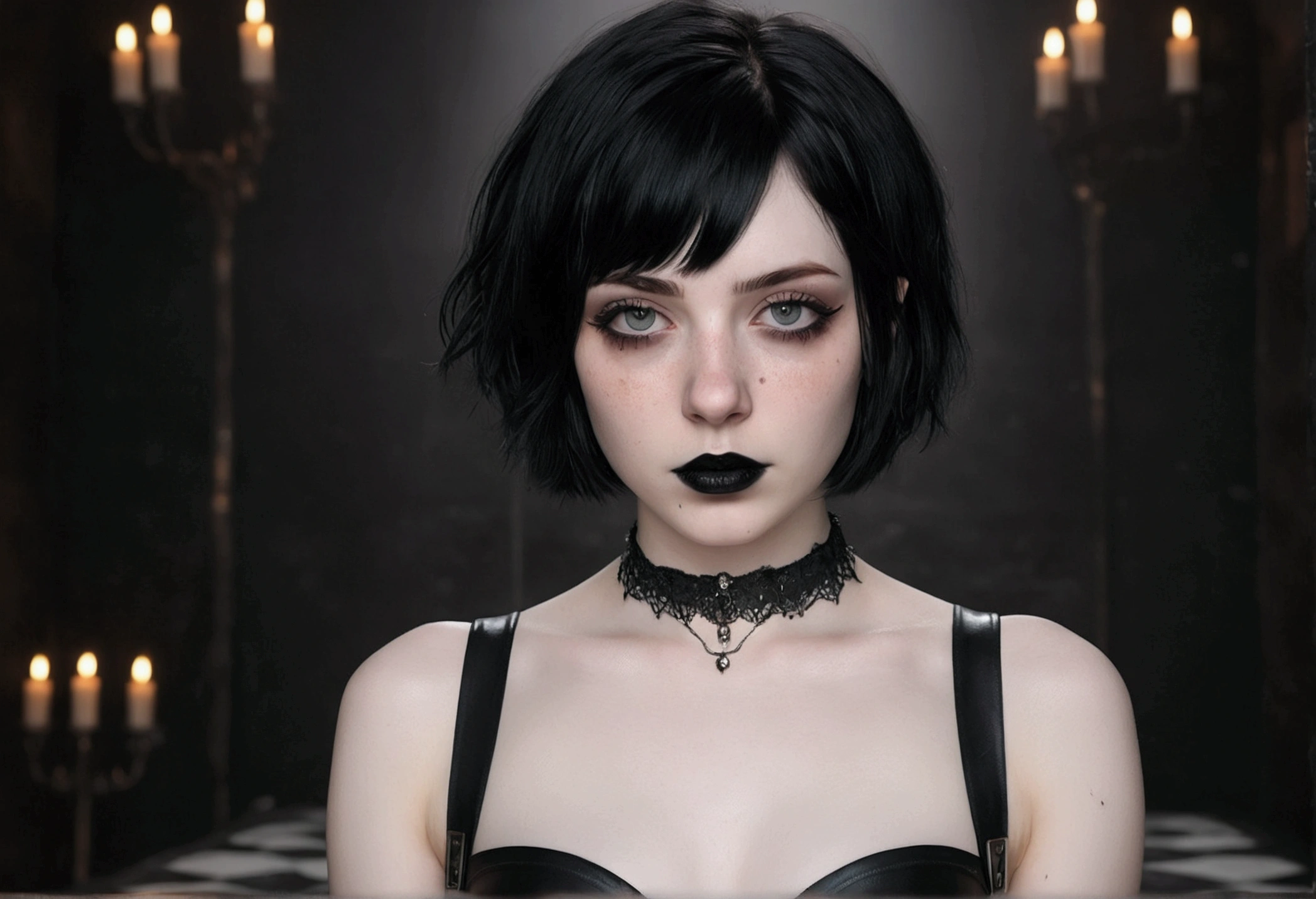 (extremely detailed CG:1.2), (masterpiece:1.2), (best quality:1.2),,((absurdres)),looking at viewer, solo,1girl,goth ,emo ,pale skin,short hair,black hair,20 year old,freckles,black lipstick,heavy makeup,fit body,sweaty,full body,nude