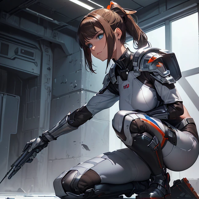 Absurdres, master piece, best high quality image, Science fiction genre, carefully detailed artwork, carefully detailed image, no deformity, solo alone character, full body view, mass effect-aesthetic
{{(1character: 20 years old brown haired human futuristic medic girl, (beautiful blue eyes, fair skin, absolutely beautiful, brown hair tied in short ponytail with green ribbon, serious demeanor, guard position), (silver battle helmet, red bodysuit, silver battle armor, silver breast plate, silver shoulder plates, silver long boots, silver hip armor, silver crotch armor, black heavy laser pistol), (orange alien valley, purple ground spikes))}}