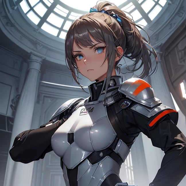 Absurdres, master piece, best high quality image, Science fiction genre, carefully detailed artwork, carefully detailed image, no deformity, solo alone character, full body view, mass effect-aesthetic
{{(1character: 20 years old brown haired human futuristic medic girl, (beautiful blue eyes, fair skin, absolutely beautiful, brown hair tied in short ponytail with green ribbon, serious demeanor, guard position), (silver battle helmet, red bodysuit, silver battle armor, silver breast plate, silver shoulder plates, silver long boots, silver hip armor, silver crotch armor, black heavy laser pistol), (orange alien valley, purple ground spikes))}}