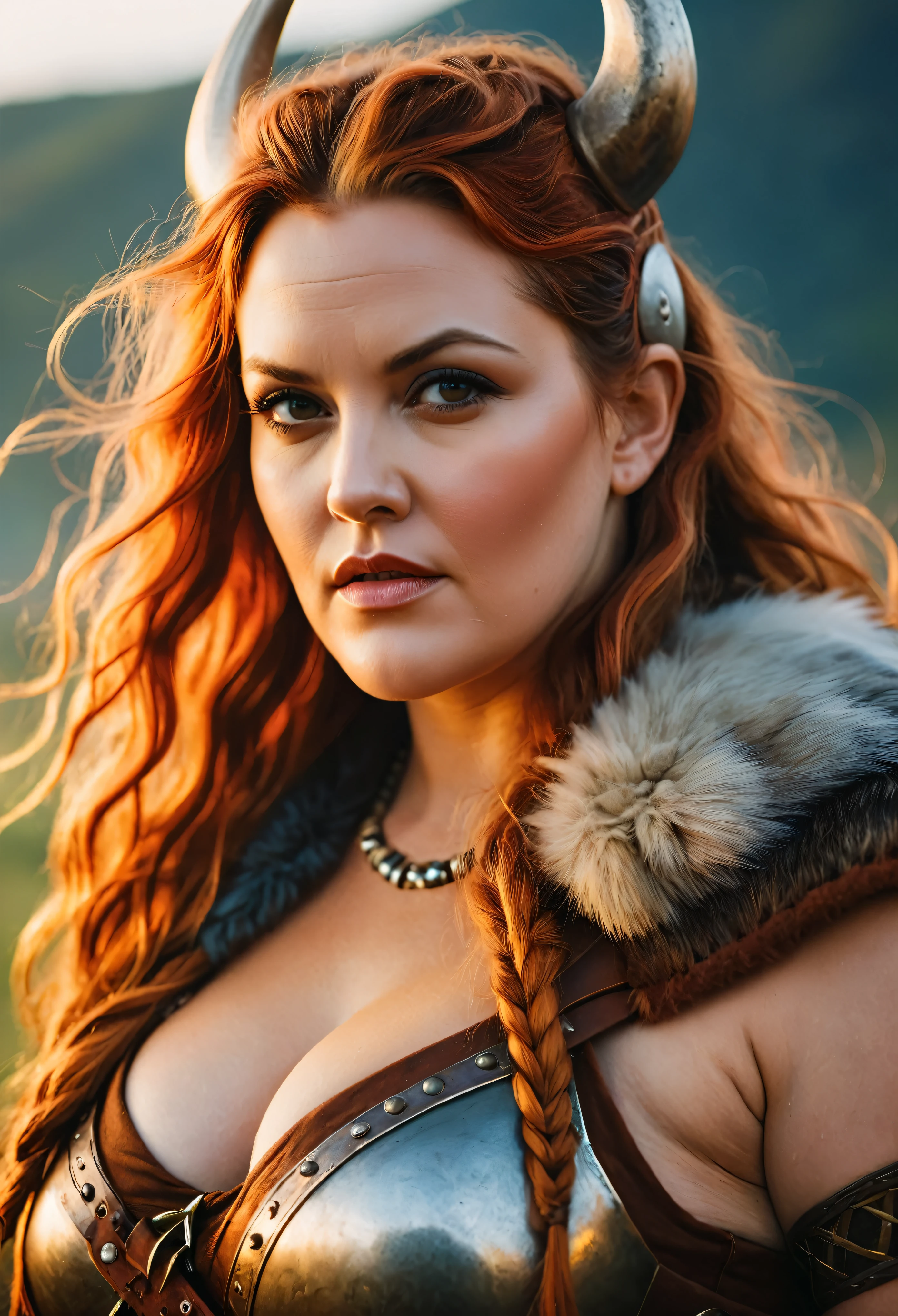 Looks like Drew Barrymore, A stunning intricate full color portrait of (sks woman:1) as (viking warrior), (barbarian), extremely seductive woman, busty outfit, perfect plus size Beauty, Barbarian warrior queen,  fluffy streax hair, styled hair, epic character composition, by ilya kuvshinov, alessio albi, nina masic, sharp focus, natural lighting, subsurface scattering, f2, 35mm, film grain, 