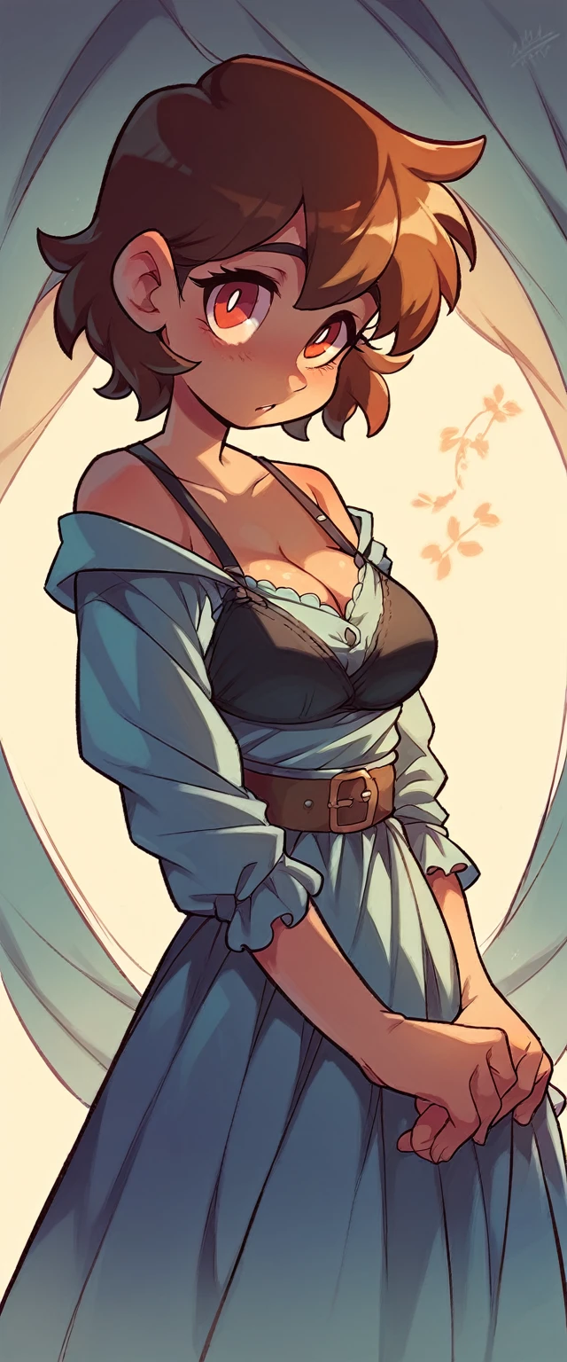  A tall girl, sexy, beautiful, cute, long brown hair, her red eye, dresses in a short shirt, blouse, shows her chest, a black bra and a blue short, cut out, a brown belt, and a black heel.