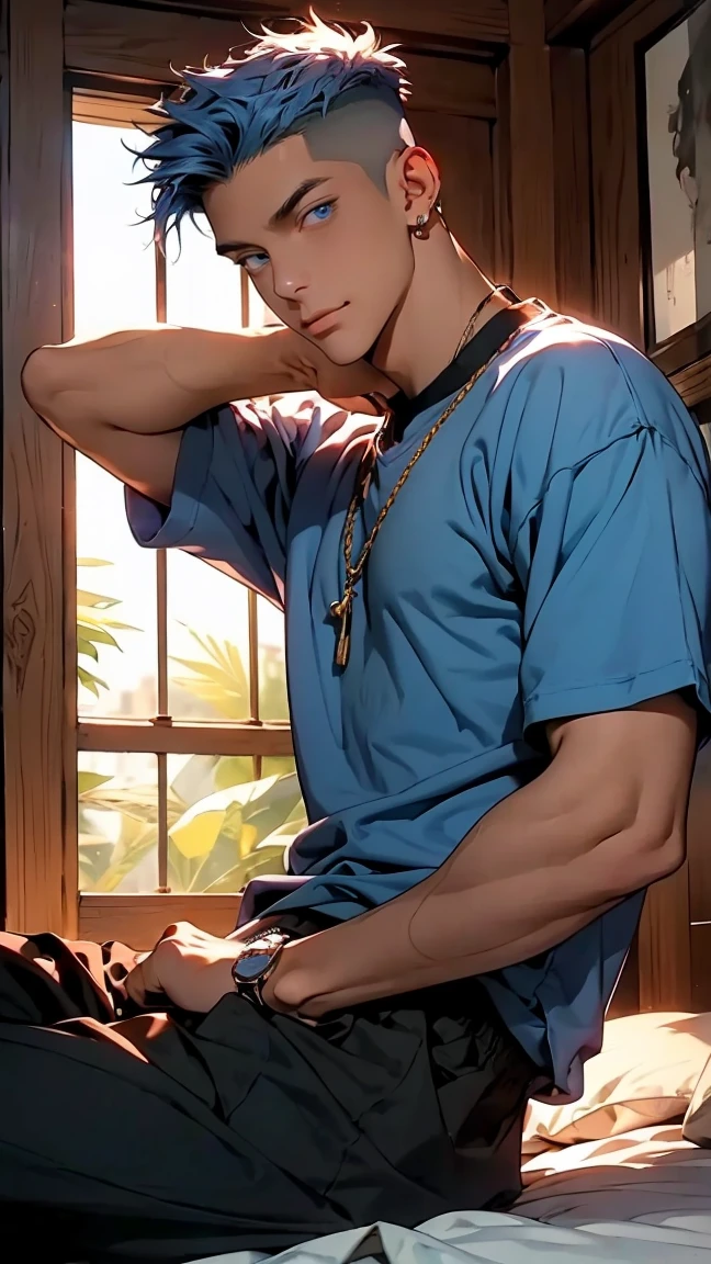 highest quality, 8K, high resolution image, anime style Jujutsu Kaisen, detailed strokes, slightly tanned skin, blurry, smile, purple light reflecting from it, (close angle), 1 man, young, male, model, cool guy, muscular, blue Eyes, light blue hair very short hair, brown hair, short hair, hairstyle: undercut, hair slicked back, swollen chest, he is wearing a T-shirt under a jacket and sweatpants, hand in trouser pocket, gold link chain, background: bedroom, bright room, large window, sitting on the bed, relaxation pose