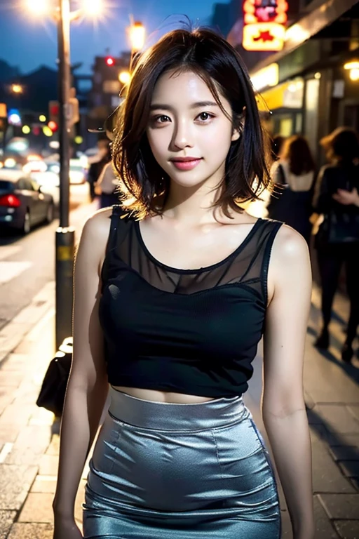 (8 TAUSEND, top quality, Meisterwerk), (realistisch, photorealistisch: 1,37), Japan-Idol, Langes braunes Haar, (Feminine beauty: 1.25), schwarzes T-Shirt mit V-Ausschnitt, Nice toned body, large cutout, Minirock, Mitternachts-Nieselregen-Hintergrund, Regennasser Asphalt in Europa, Ladenbeleuchtung, (Charming smile with dimples: 1.2). Portrai, detailierter gesichtsausdruck, sexy, beautiful, makup asiatisch