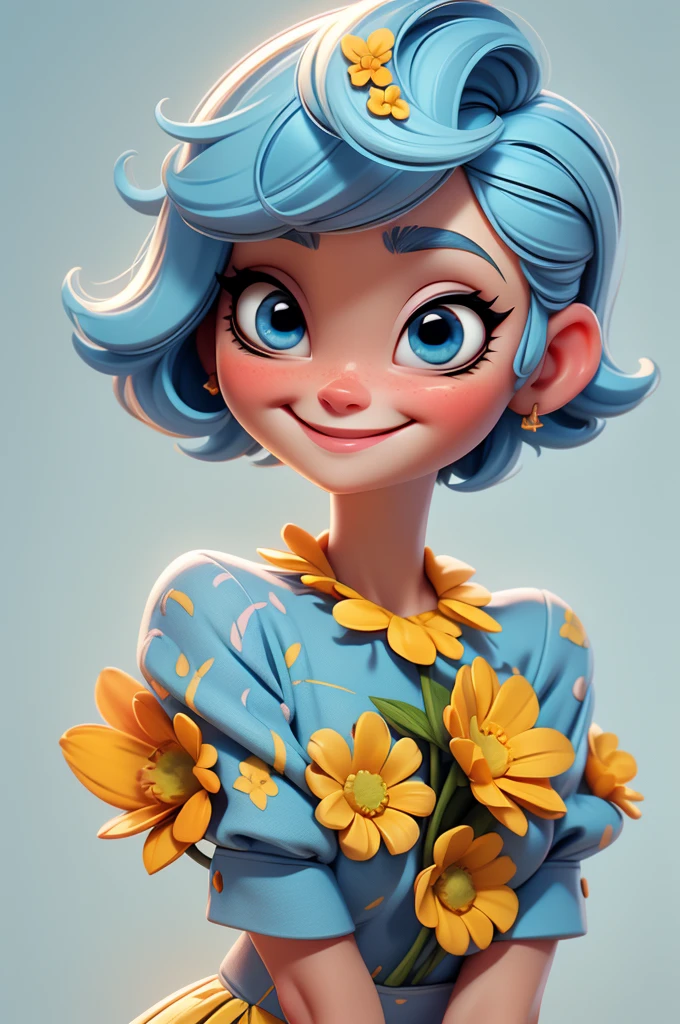 create an 3d illustration, model realistic, exuberant, woman sofisticaded, very short hair, luxury, realistic, vivid blue eyes, nitid, pixar style, stylish,smiling, happy face, yellow flower dress, short cropped blue vivid hair, look for the camera, white background, center photo