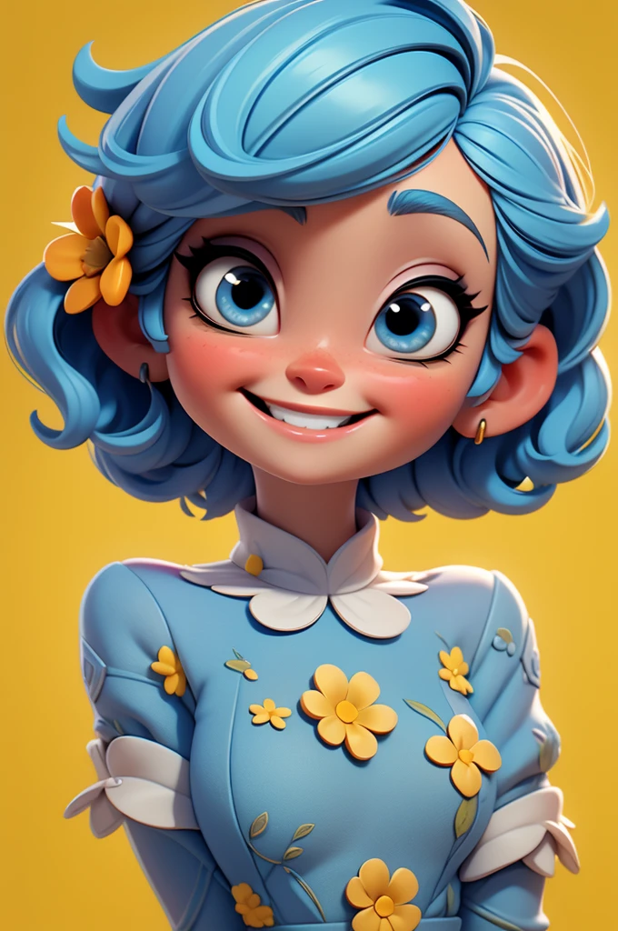 create an 3d illustration, model realistic, exuberant, woman sofisticaded, very short hair, luxury, realistic, vivid blue eyes, nitid, pixar style, stylish,smiling, happy face, yellow flower dress, short cropped blue vivid hair, look for the camera, white background, center photo
